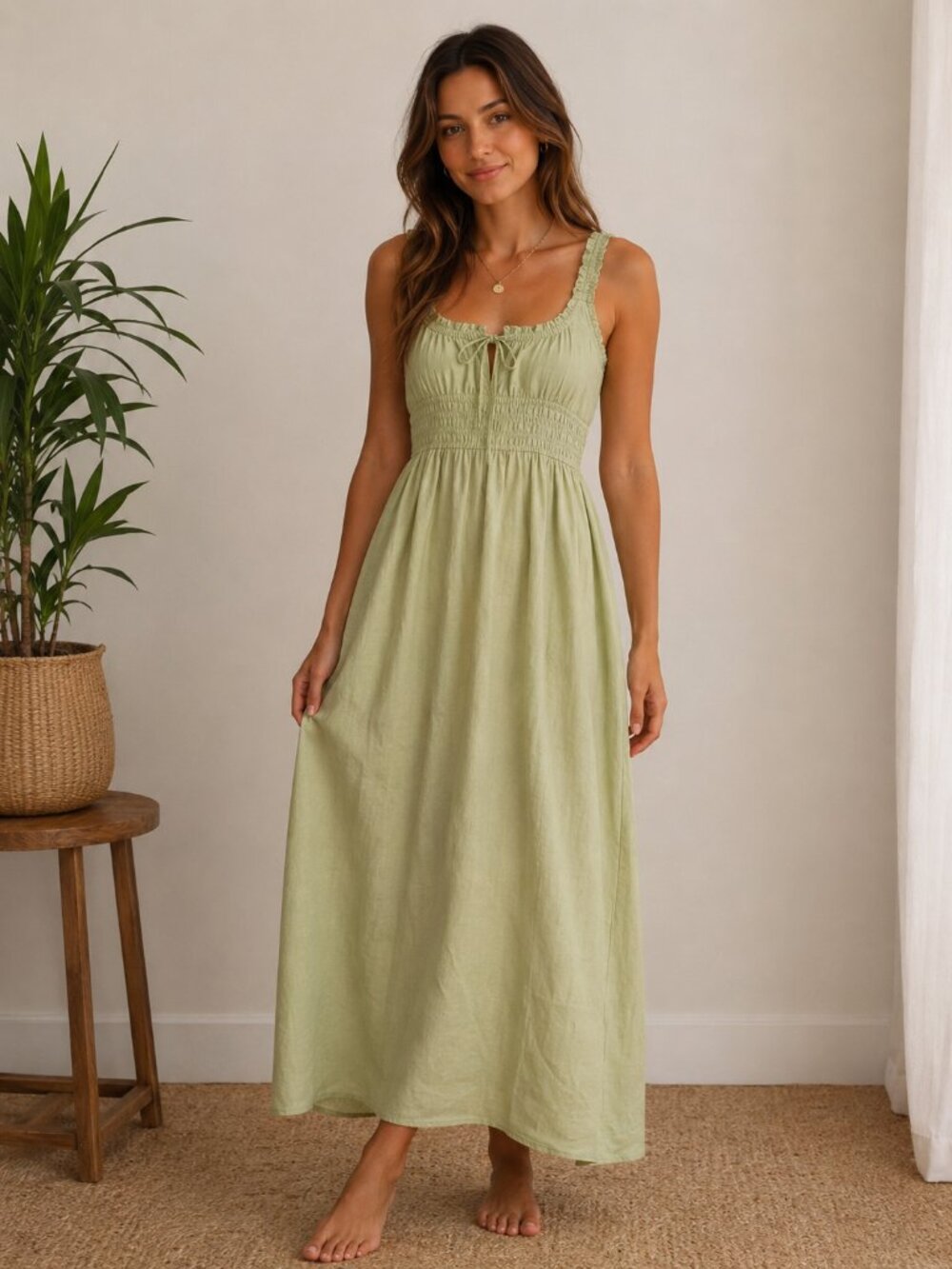 Women's Sage Green Smocked Waist Maxi Dress with Ruffle Straps